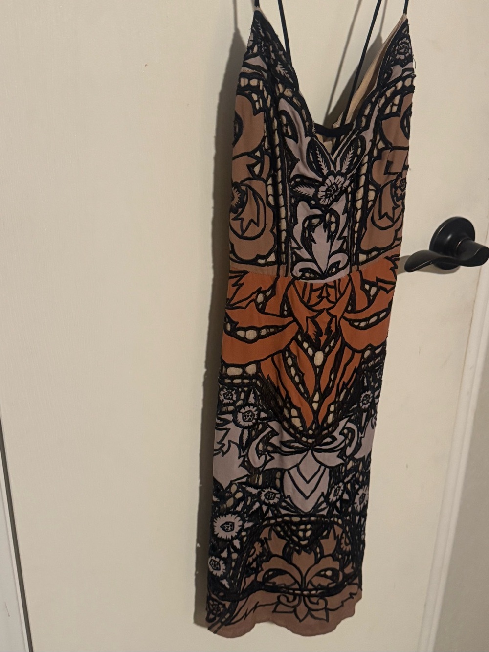 Free People Brown and Black Patterned Spaghetti-Strap Midi Dress